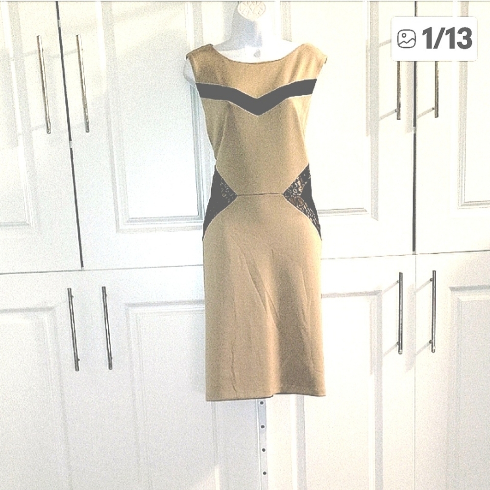 Emma & Michele Beige Midi Dress with Black Lace